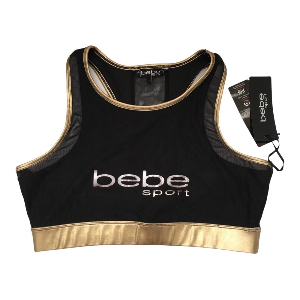 Bebe Sport Black and Gold Large Racerback Mesh Sports Bra